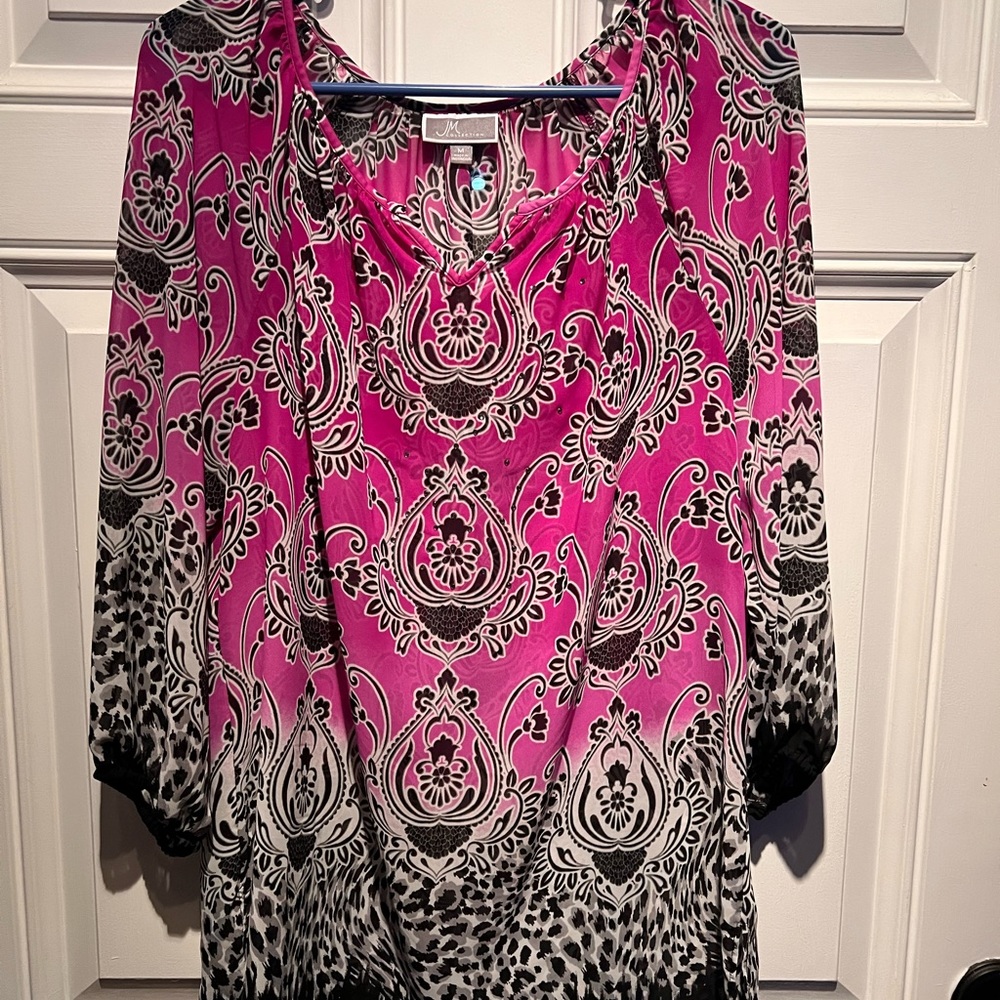 JM collection purple, black & white blouse.